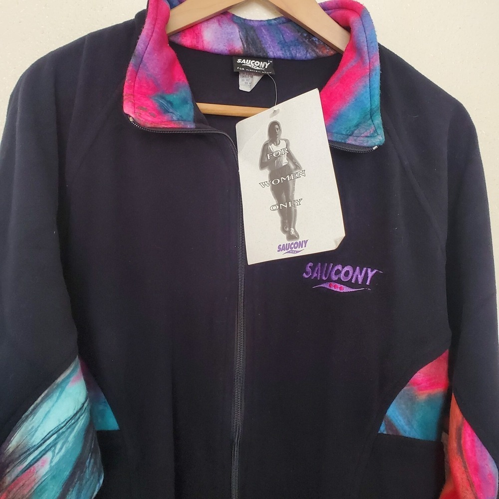 Vintage Saucony For Women Only Track Jacket XL Black Pink Teal Fleece Made USA